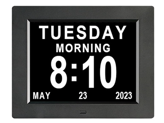 8 Inch Digital Calendar Day Clock for Seniors, Extra Large Day Date Time Dementia Clock with 12 Alarms for Vision Impaired, Memory Loss, Seniors and Alzheimer's Disease Patients