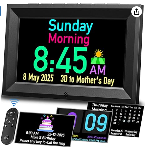 Digital Calendar Clock, Talking Clock with 10 Volumes, 6 Display with 10 Color Modes, Auto Dimmable, Alarms & Birthday & Holiday Reminders, 3 Pill Reminders Clock for Kids Adults Seniors