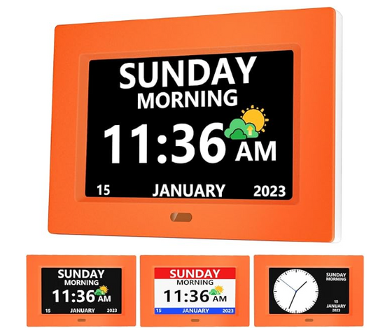 7 Inch Digital Clock with Day and Date for Elderly Alzheimer's Dementia Clock Customizable Alarms 3 Display Modes Large Font Digital Alarm Clock for Seniors Orange